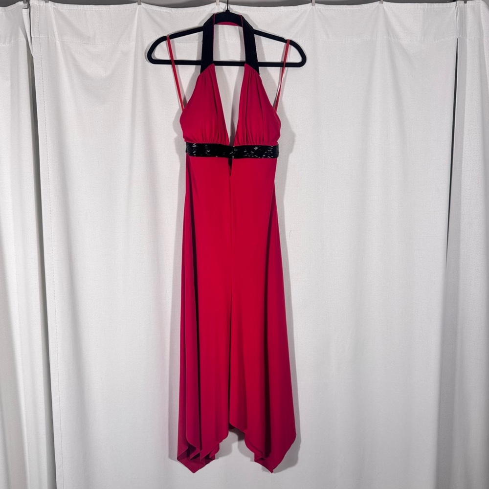 Vintage Cache Red Halter Neck Dress with Black Beaded Detailing